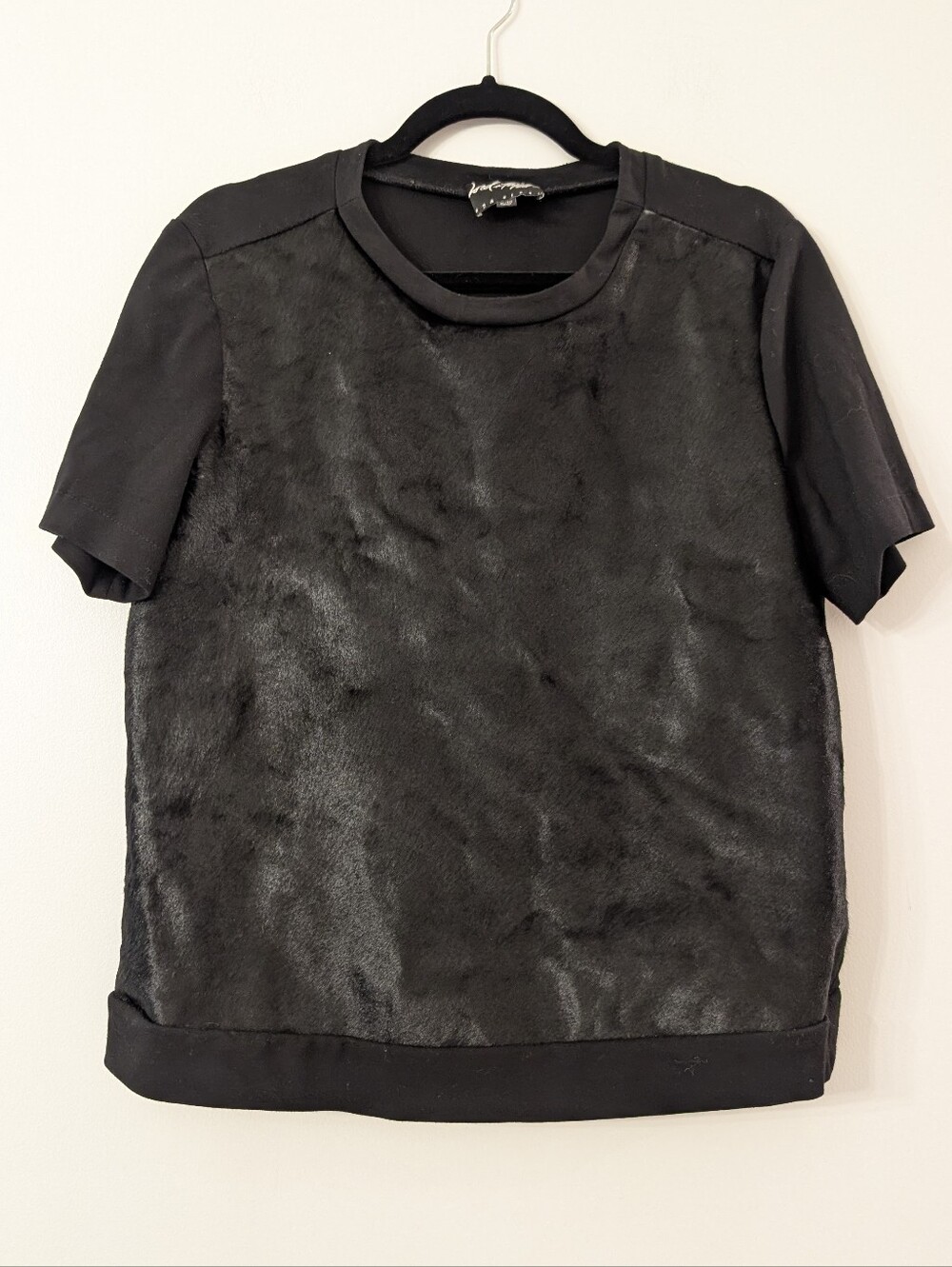Lord & Taylor 424 Fifth Black Calf Hair & Ponte Short Sleeve Top XL